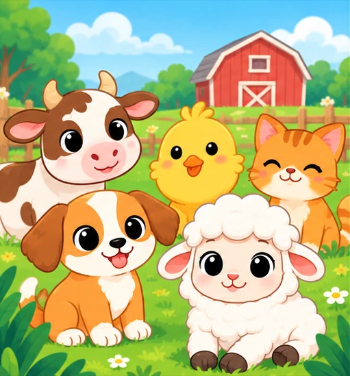 Children with friendly farm animals